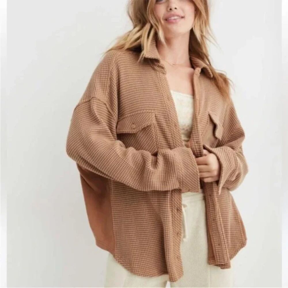 Aerie LumberJane Waffle Shirt, Beach Dune, Size S